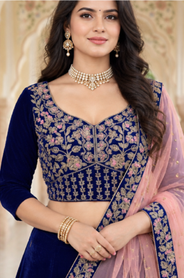 NAVY BLUE VELVET PARTY WEAR EMBROIDERY LEHENGA CHOLI 4