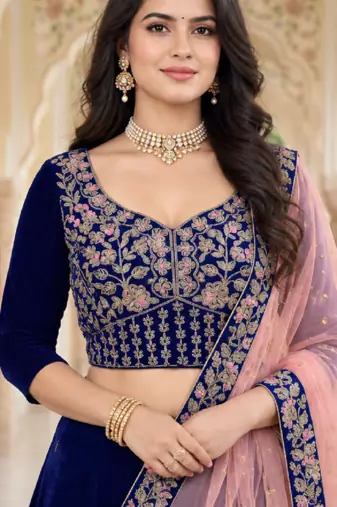 NAVY BLUE VELVET PARTY WEAR EMBROIDERY LEHENGA CHOLI