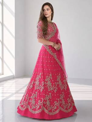 PINK  SEQUINS & EMBROIDERED NET FESTIVAL LEHENGA CHOLI SET FOR WOMEN'S 3