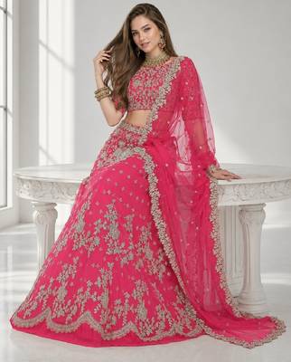 PINK  SEQUINS & EMBROIDERED NET FESTIVAL LEHENGA CHOLI SET FOR WOMEN'S 4