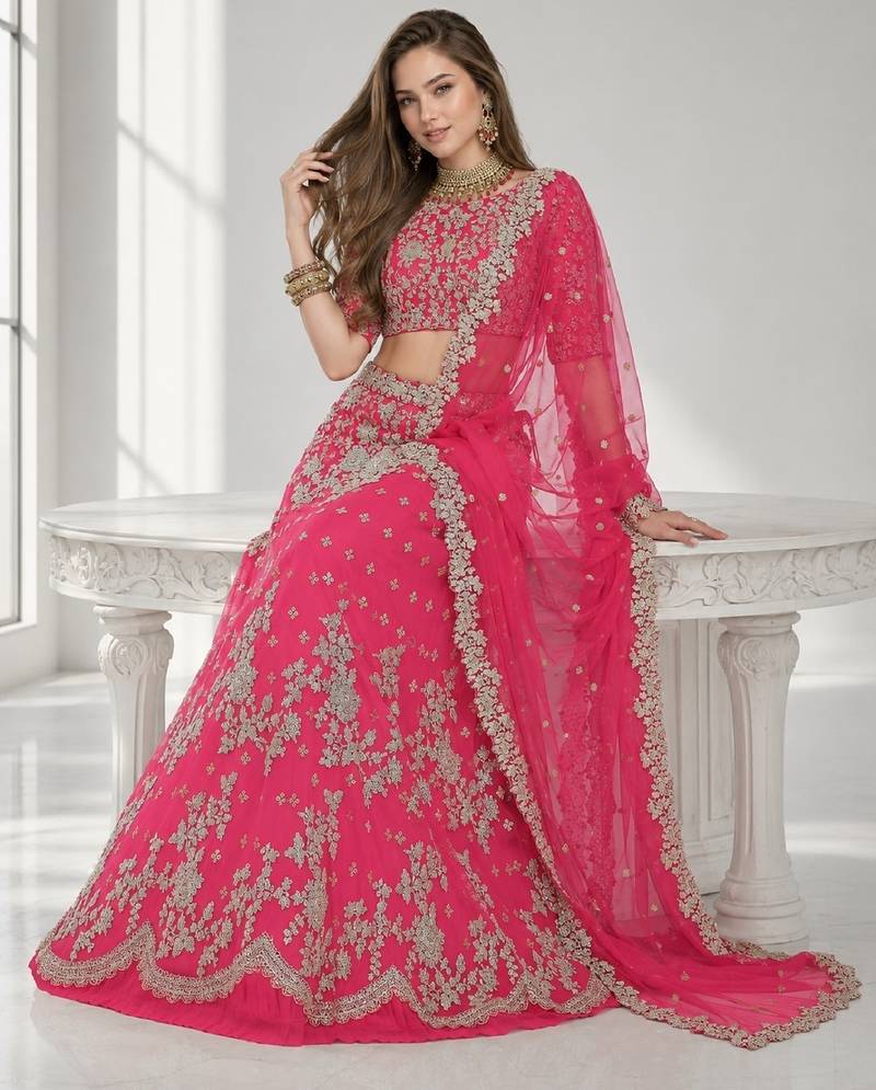 PINK  SEQUINS & EMBROIDERED NET FESTIVAL LEHENGA CHOLI SET FOR WOMEN'S
