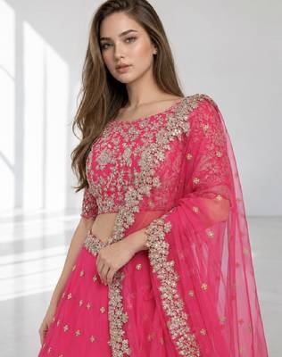 PINK  SEQUINS & EMBROIDERED NET FESTIVAL LEHENGA CHOLI SET FOR WOMEN'S 5