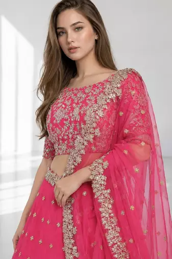 PINK  SEQUINS & EMBROIDERED NET FESTIVAL LEHENGA CHOLI SET FOR WOMEN'S