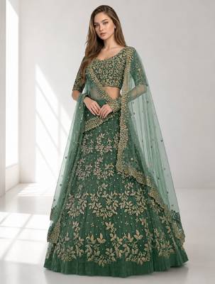 LIGHT GREEN  SEQUINS & EMBROIDERED NET FESTIVAL LEHENGA CHOLI SET FOR WOMEN'S 1