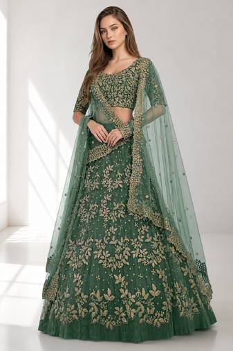 LIGHT GREEN SEQUINS & EMBROIDERED NET FESTIVAL LEHENGA CHOLI SET