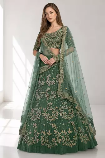 LIGHT GREEN  SEQUINS & EMBROIDERED NET FESTIVAL LEHENGA CHOLI SET FOR WOMEN'S