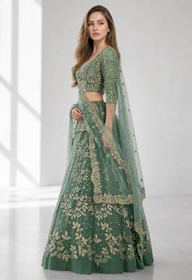 LIGHT GREEN  SEQUINS & EMBROIDERED NET FESTIVAL LEHENGA CHOLI SET FOR WOMEN'S 2
