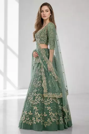LIGHT GREEN  SEQUINS & EMBROIDERED NET FESTIVAL LEHENGA CHOLI SET FOR WOMEN'S