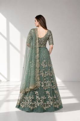 LIGHT GREEN  SEQUINS & EMBROIDERED NET FESTIVAL LEHENGA CHOLI SET FOR WOMEN'S 3