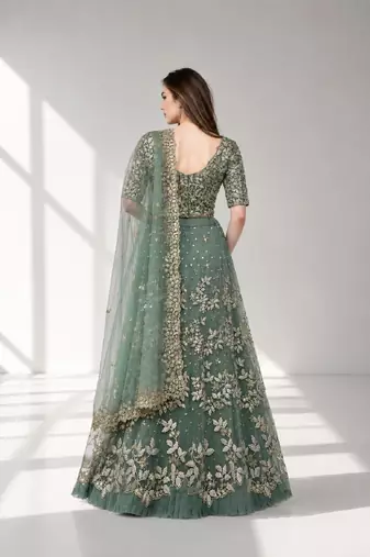 LIGHT GREEN  SEQUINS & EMBROIDERED NET FESTIVAL LEHENGA CHOLI SET FOR WOMEN'S