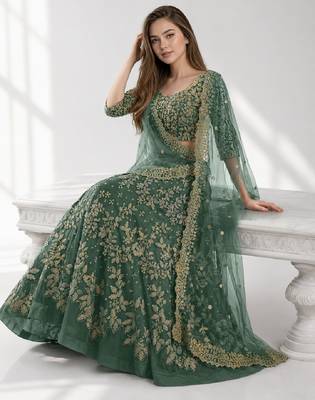 LIGHT GREEN  SEQUINS & EMBROIDERED NET FESTIVAL LEHENGA CHOLI SET FOR WOMEN'S 4