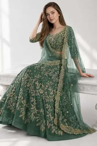 LIGHT GREEN  SEQUINS & EMBROIDERED NET FESTIVAL LEHENGA CHOLI SET FOR WOMEN'S