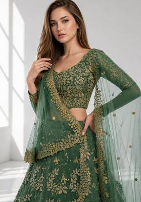 LIGHT GREEN  SEQUINS & EMBROIDERED NET FESTIVAL LEHENGA CHOLI SET FOR WOMEN'S 5