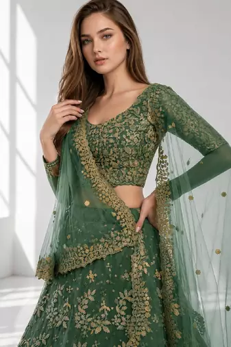 LIGHT GREEN  SEQUINS & EMBROIDERED NET FESTIVAL LEHENGA CHOLI SET FOR WOMEN'S