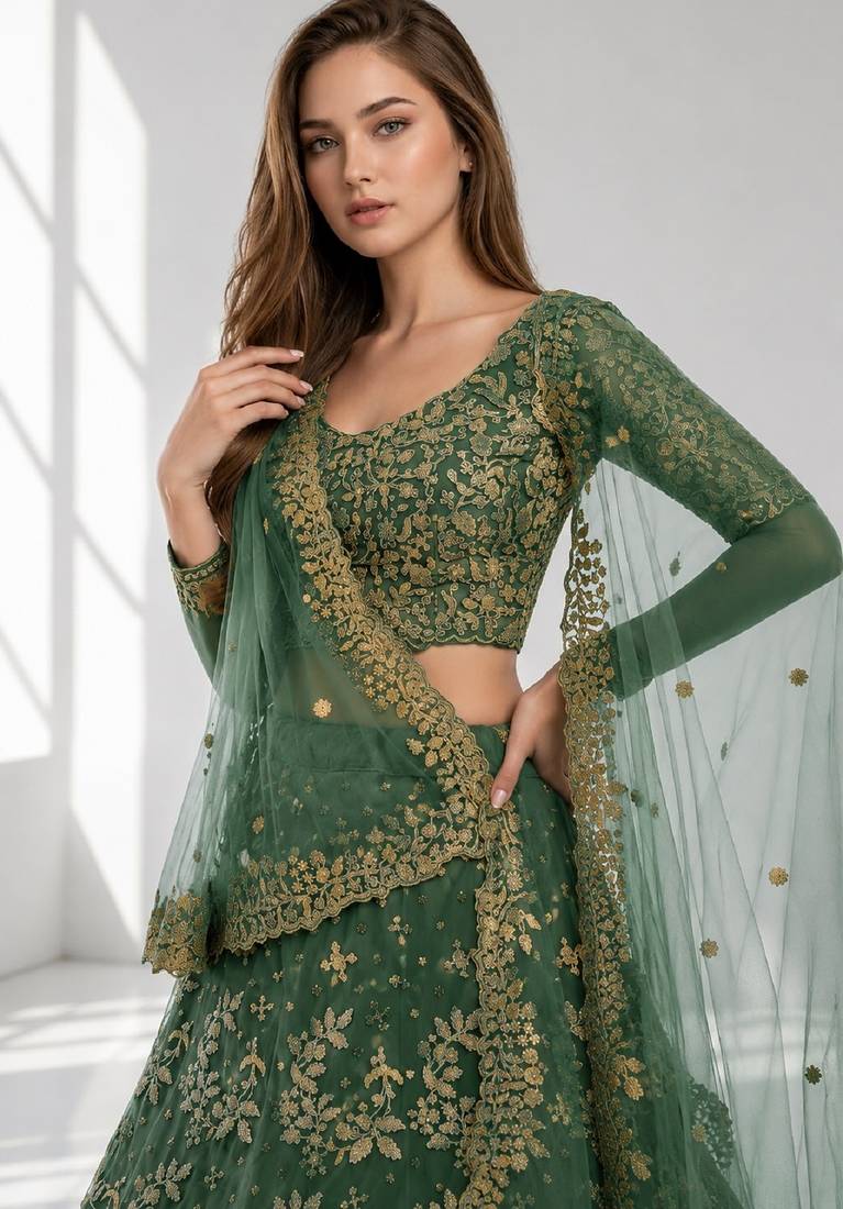 LIGHT GREEN  SEQUINS & EMBROIDERED NET FESTIVAL LEHENGA CHOLI SET FOR WOMEN'S