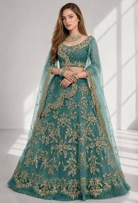 TURQUOISE  SEQUINS & EMBROIDERED NET FESTIVAL LEHENGA CHOLI SET FOR WOMEN'S 1