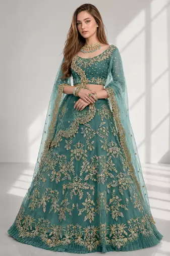 TURQUOISE  SEQUINS & EMBROIDERED NET FESTIVAL LEHENGA CHOLI SET FOR WOMEN'S