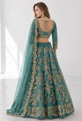 TURQUOISE  SEQUINS & EMBROIDERED NET FESTIVAL LEHENGA CHOLI SET FOR WOMEN'S 2