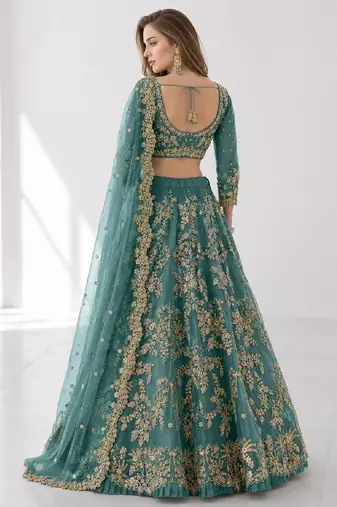 TURQUOISE  SEQUINS & EMBROIDERED NET FESTIVAL LEHENGA CHOLI SET FOR WOMEN'S