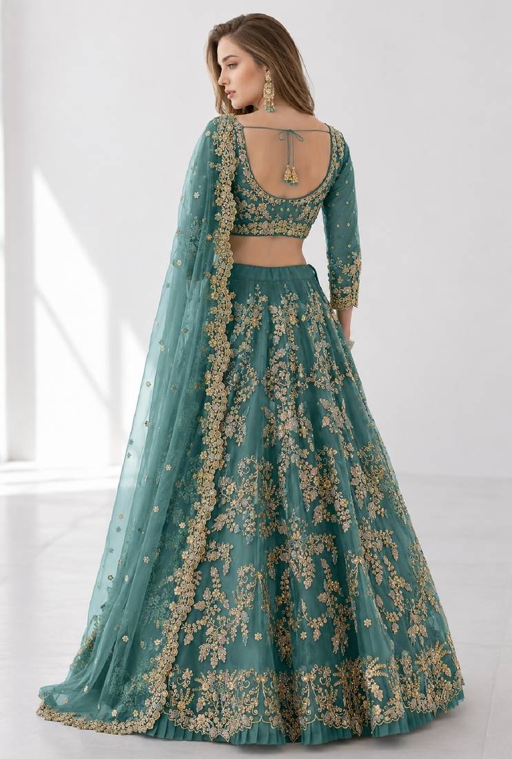 TURQUOISE  SEQUINS & EMBROIDERED NET FESTIVAL LEHENGA CHOLI SET FOR WOMEN'S