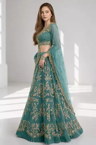 TURQUOISE  SEQUINS & EMBROIDERED NET FESTIVAL LEHENGA CHOLI SET FOR WOMEN'S