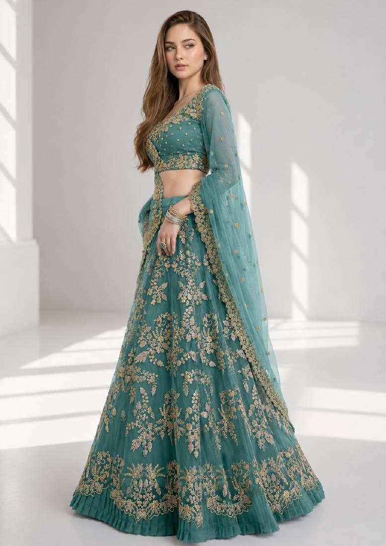TURQUOISE  SEQUINS & EMBROIDERED NET FESTIVAL LEHENGA CHOLI SET FOR WOMEN'S