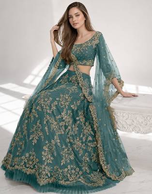 TURQUOISE  SEQUINS & EMBROIDERED NET FESTIVAL LEHENGA CHOLI SET FOR WOMEN'S 4