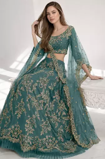 TURQUOISE  SEQUINS & EMBROIDERED NET FESTIVAL LEHENGA CHOLI SET FOR WOMEN'S