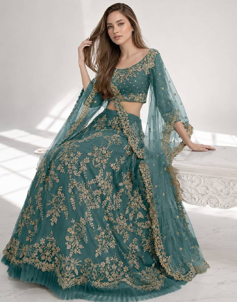 TURQUOISE  SEQUINS & EMBROIDERED NET FESTIVAL LEHENGA CHOLI SET FOR WOMEN'S