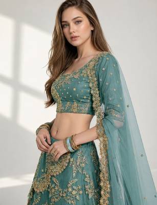 TURQUOISE  SEQUINS & EMBROIDERED NET FESTIVAL LEHENGA CHOLI SET FOR WOMEN'S 5