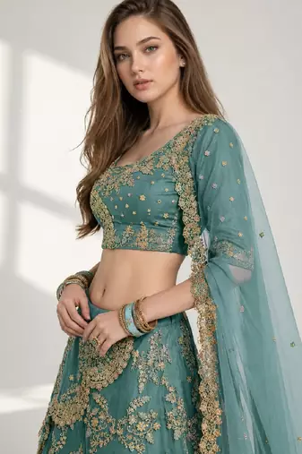 TURQUOISE  SEQUINS & EMBROIDERED NET FESTIVAL LEHENGA CHOLI SET FOR WOMEN'S