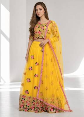 YELLOW  SEQUINS & EMBROIDERED NET FESTIVAL LEHENGA CHOLI SET FOR WOMEN'S 1