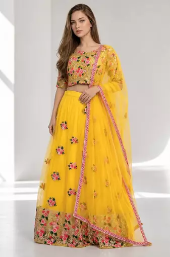 YELLOW  SEQUINS & EMBROIDERED NET FESTIVAL LEHENGA CHOLI SET FOR WOMEN'S