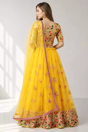YELLOW  SEQUINS & EMBROIDERED NET FESTIVAL LEHENGA CHOLI SET FOR WOMEN'S