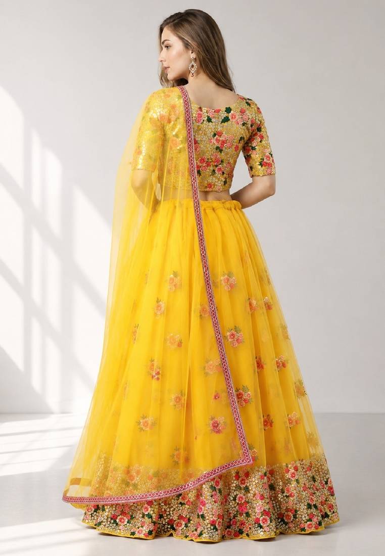 YELLOW  SEQUINS & EMBROIDERED NET FESTIVAL LEHENGA CHOLI SET FOR WOMEN'S