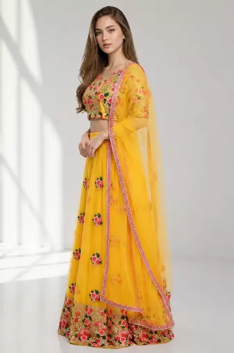 YELLOW  SEQUINS & EMBROIDERED NET FESTIVAL LEHENGA CHOLI SET FOR WOMEN'S