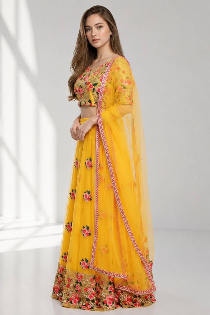 YELLOW  SEQUINS & EMBROIDERED NET FESTIVAL LEHENGA CHOLI SET FOR WOMEN'S