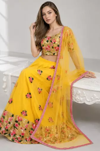 YELLOW  SEQUINS & EMBROIDERED NET FESTIVAL LEHENGA CHOLI SET FOR WOMEN'S