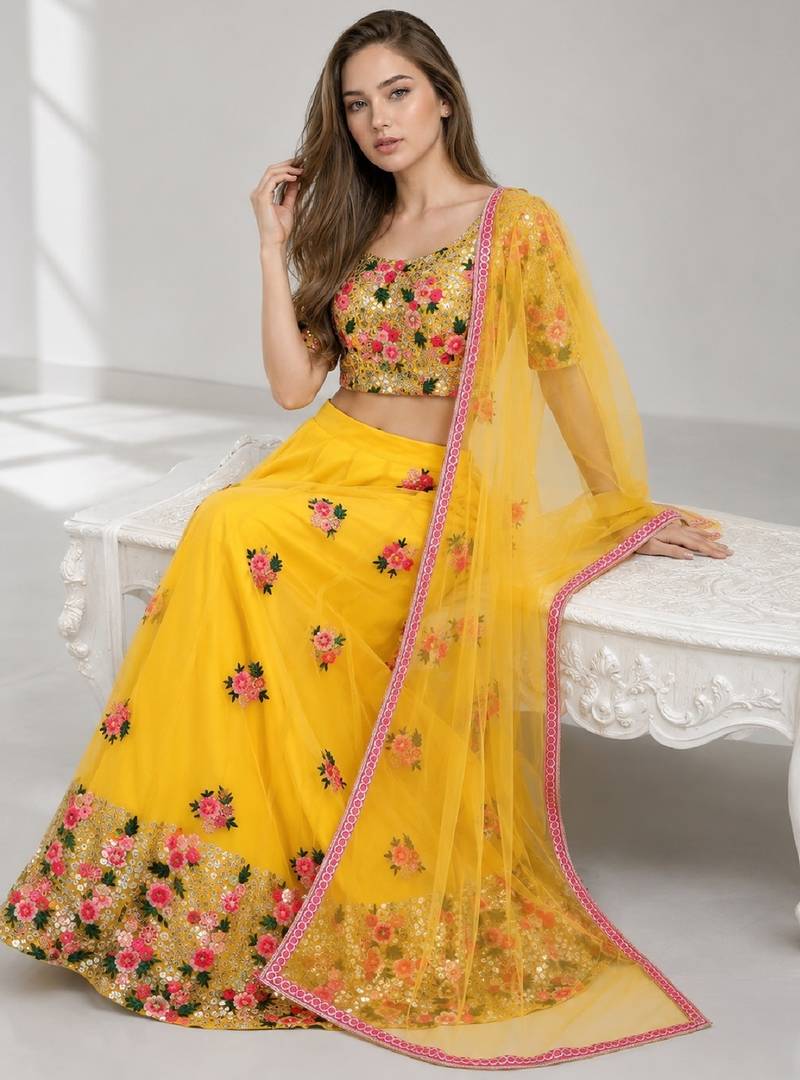 YELLOW  SEQUINS & EMBROIDERED NET FESTIVAL LEHENGA CHOLI SET FOR WOMEN'S