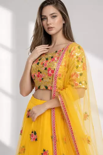 YELLOW  SEQUINS & EMBROIDERED NET FESTIVAL LEHENGA CHOLI SET FOR WOMEN'S
