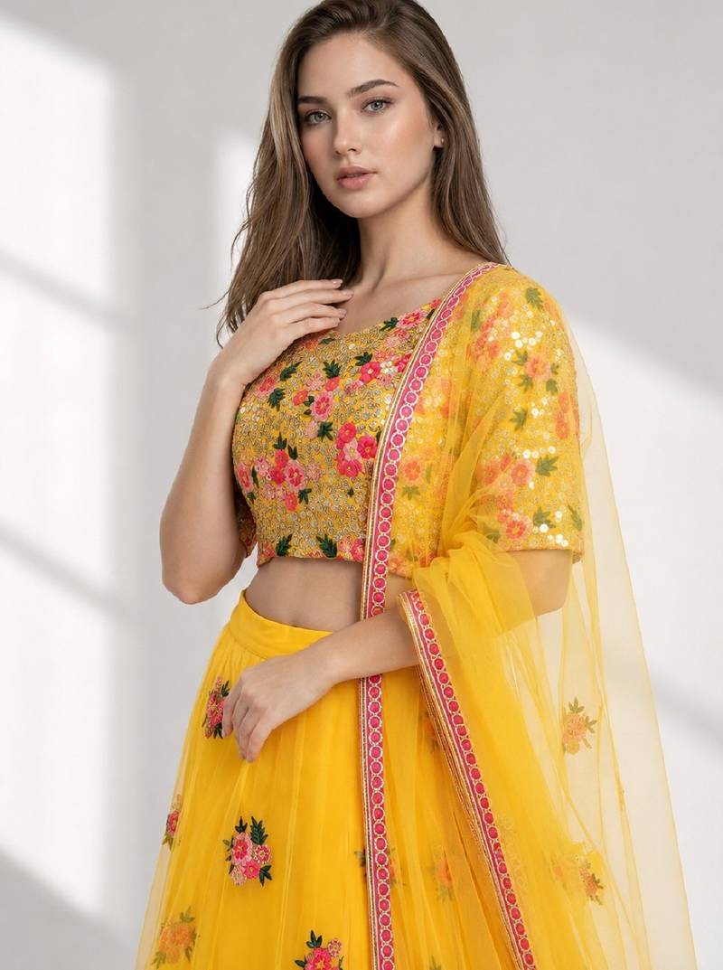 YELLOW  SEQUINS & EMBROIDERED NET FESTIVAL LEHENGA CHOLI SET FOR WOMEN'S