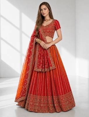 ORANGE SEQUINS & EMBROIDERED CHINNON FESTIVAL LEHENGA CHOLI SET FOR WOMEN'S 1