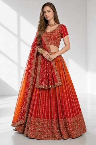 ORANGE SEQUINS & EMBROIDERED CHINNON FESTIVAL LEHENGA CHOLI SET