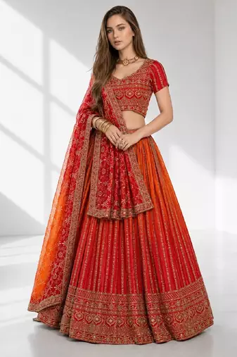 ORANGE SEQUINS & EMBROIDERED CHINNON FESTIVAL LEHENGA CHOLI SET FOR WOMEN'S