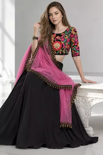 BLACK  SEQUINS & EMBROIDERED VELVET FESTIVAL LEHENGA CHOLI SET FOR WOMEN'S