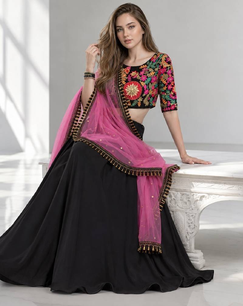 BLACK  SEQUINS & EMBROIDERED VELVET FESTIVAL LEHENGA CHOLI SET FOR WOMEN'S
