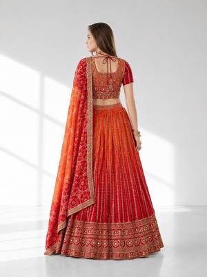 ORANGE SEQUINS & EMBROIDERED CHINNON FESTIVAL LEHENGA CHOLI SET FOR WOMEN'S 2