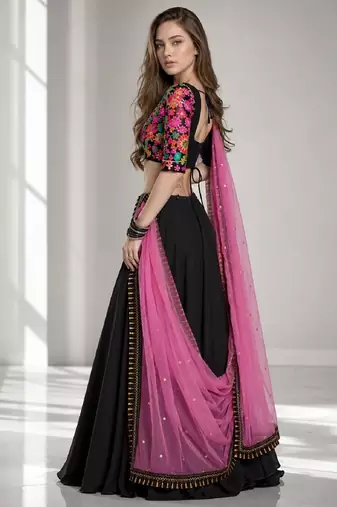 BLACK  SEQUINS & EMBROIDERED VELVET FESTIVAL LEHENGA CHOLI SET FOR WOMEN'S
