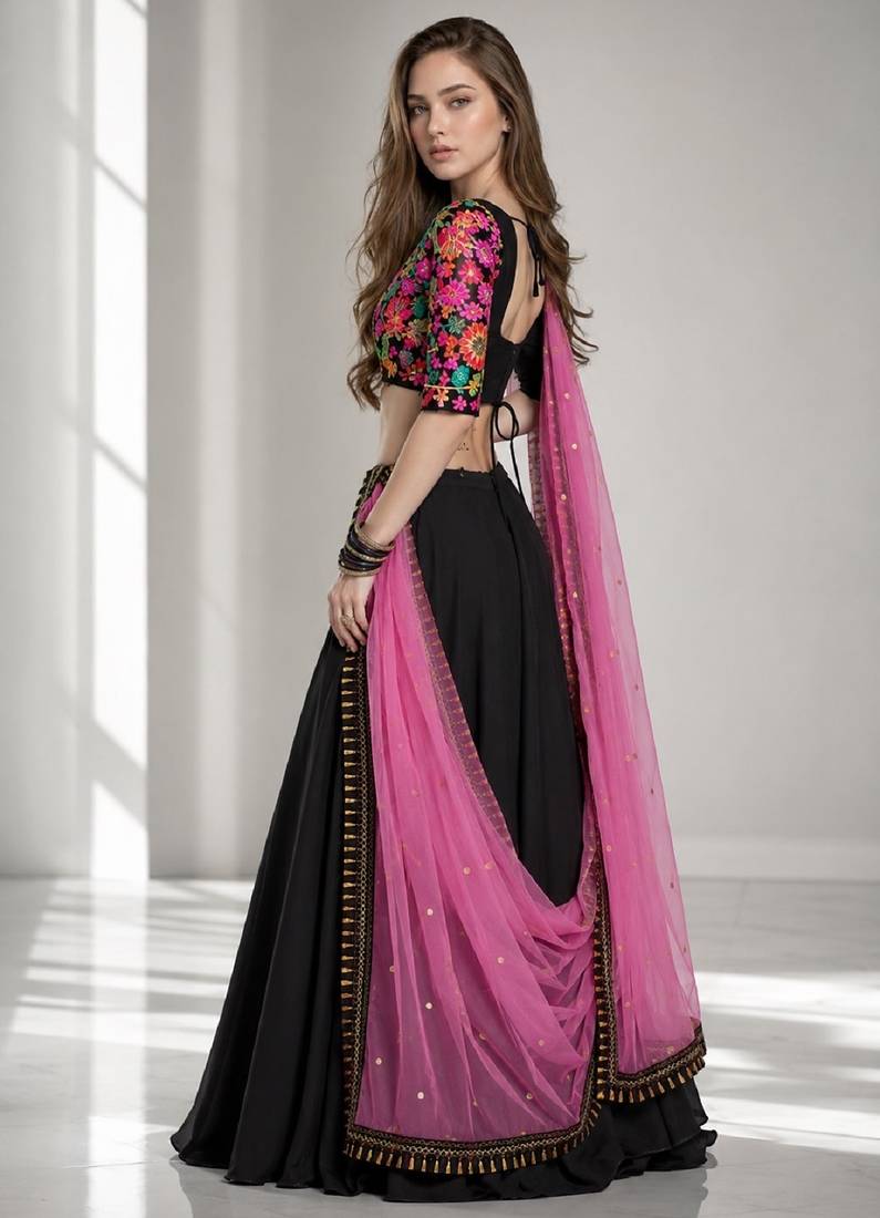 BLACK  SEQUINS & EMBROIDERED VELVET FESTIVAL LEHENGA CHOLI SET FOR WOMEN'S