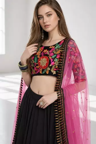 BLACK  SEQUINS & EMBROIDERED VELVET FESTIVAL LEHENGA CHOLI SET FOR WOMEN'S